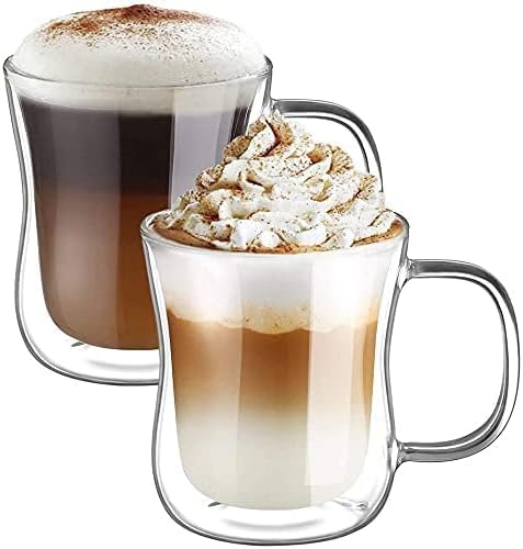 ecooe 2x350ml Double Walled Coffee Glasses Mugs Cappuccino Latte Macchiato Glasses Cups with Handle Borosilicate Heat Resistant Glass Cups for Coffee Tea Milk Juice Ice Cream