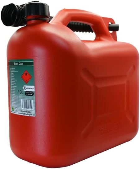 Fuel Can 10L Litre Red Canister Plastic Lawn Mower Jerry Flexible Spout