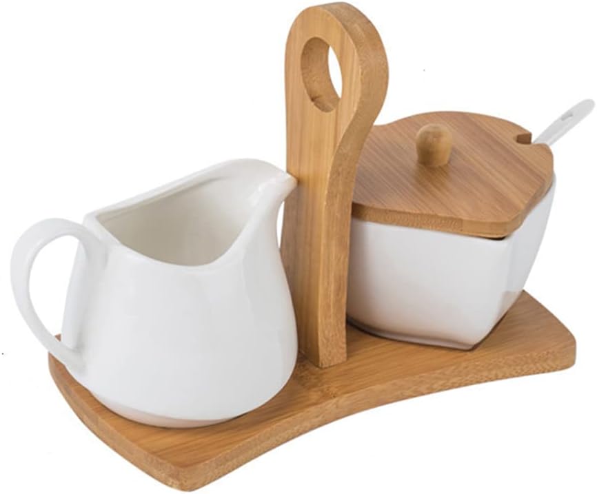 MEETOZ Ceramic Sugar and Creamer Set, 3 Piece Set, Set with Lid Spoon Base,Coffee Serving Set Wedding Gift, White