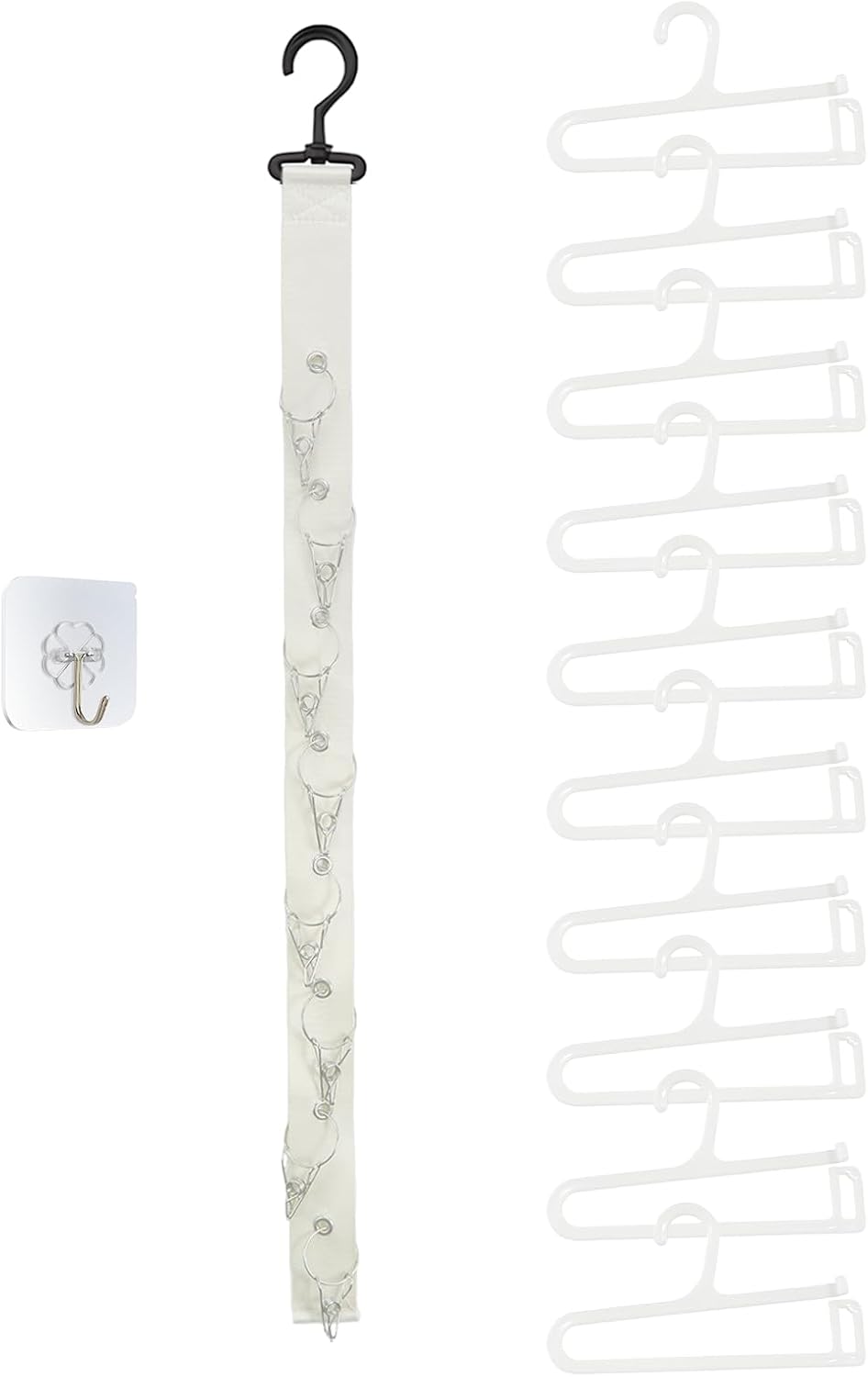 White Strap Plush Toy Storage Chain Suitable for Hanging on Walls and Doors -8 Metal Clips+11 Hooks (10 Standard and 1 Hole Free), Dolls not Included
