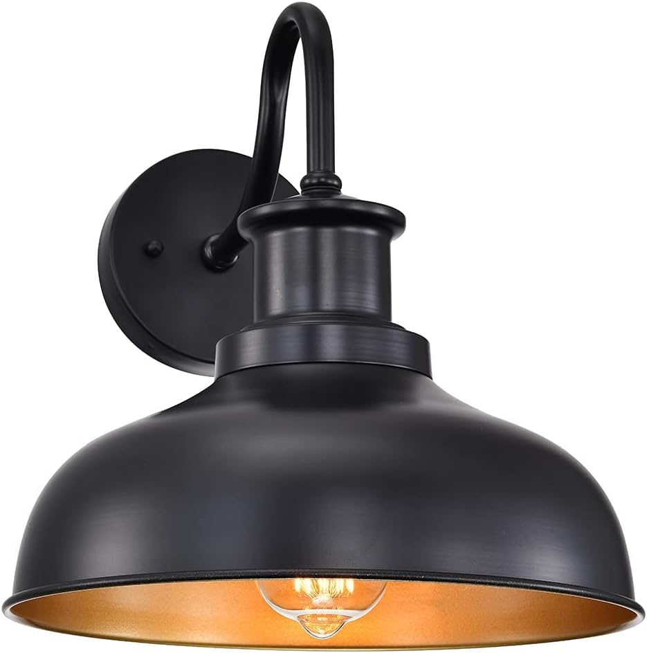Outdoor Gooseneck Barn Light Outdoor Wall Sconce Farmhouse Rustic Exterior Wall Mount Lights Vintage Outside Lighting Fixture Industrial Black Lantern for Porch Entryway Garage,1 Pack, RZ007 BK