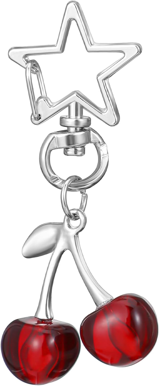 ValueBargain Cherry Bag Charm, 7 cm Cherry Keyring Keychain with Metal Star Lock & Y2K Design for Women Girls Car Keys, Purse, and Backpack (Silver & Red)