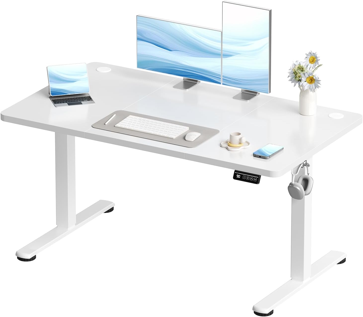 Devoko Electric Standing Desk 120x60cm Sit Stand Table Height Adjustable with Backpack Hook and Memory Smart Panel, Home Office, White