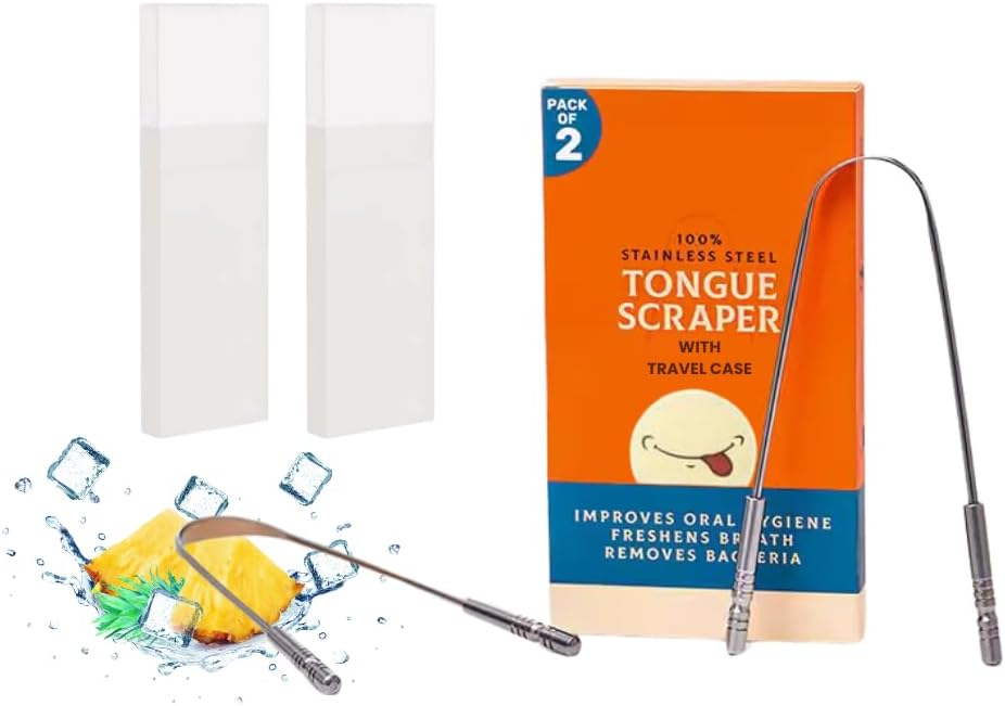 Tongue Scraper with Travel Case 2-Pack- Medical Grade Stainless Steel Tongue Cleaner, – Effective Bad Breath Treatment & Oral Hygiene Tool Anti-Gagging Ridge
