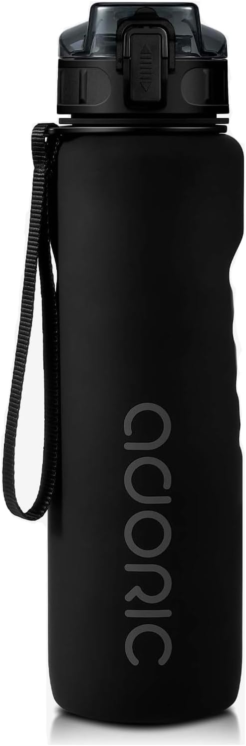 ADORIC Sports Water Bottle 1L, BPA Free Tritan Non-Toxic Plastic Sport Water Cup, Durable Leak Proof Water Bottle with Filter, Flip Top (Black-1000ml)