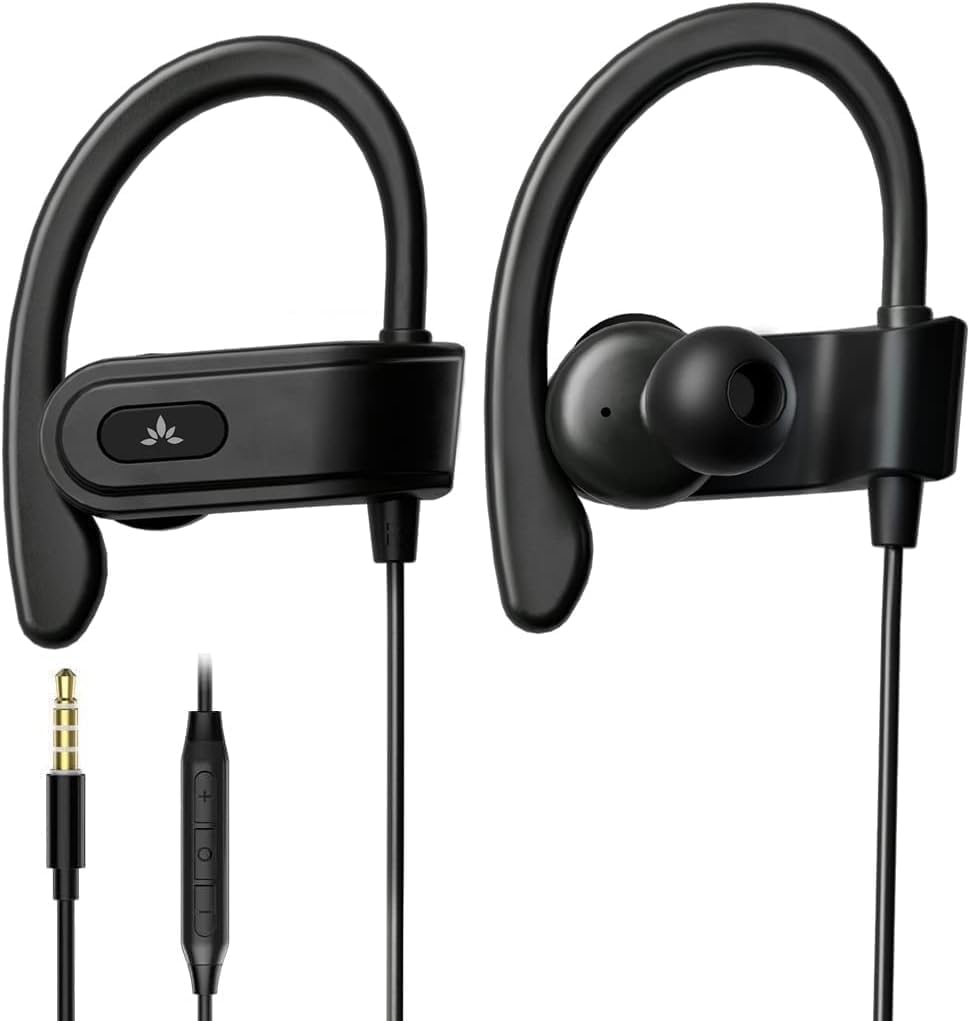 Avantree E171 - AUX 3.5mm Wired Earbuds with Microphone & in-Line Volume Control, Compatible with Traditional 3.5mm AUX Phones - Corded Headphones with Ear Hook for Running & Sports, Black