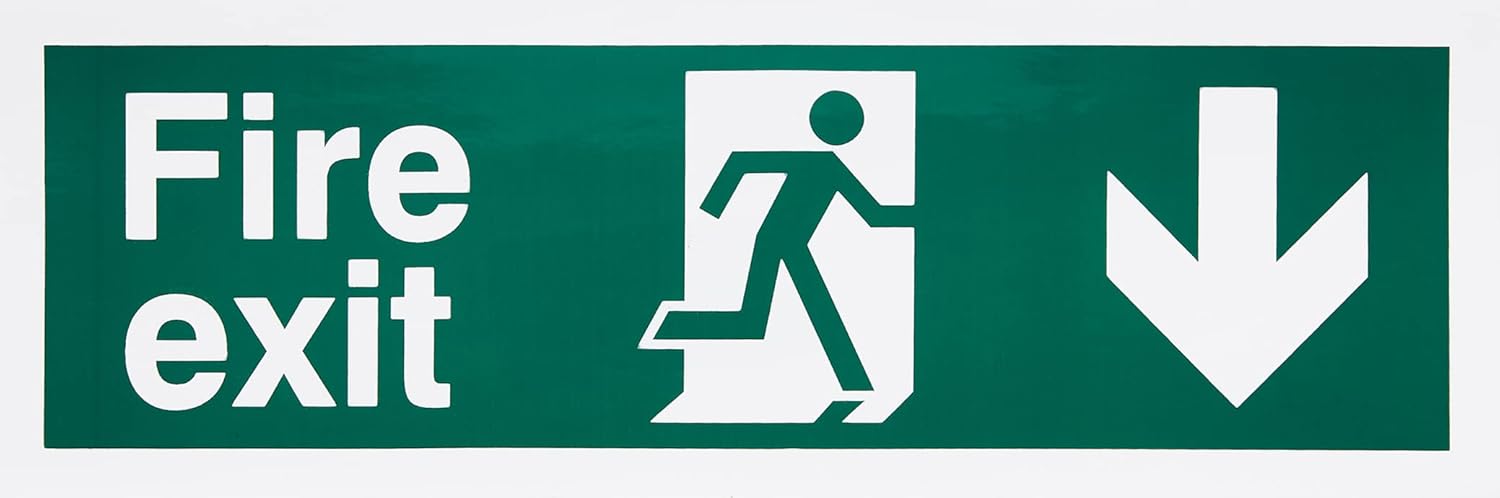 UK Safety Store Fire Exit Arrow Down Sign 300mm x 100mm - Self Adhesive