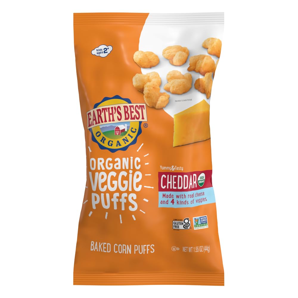 Earth's Best Organic Veggie Puffs for Toddlers 2 Years Old and Up, Cheddar Flavor, 1.55 Ounce Bag (Pack of 4)