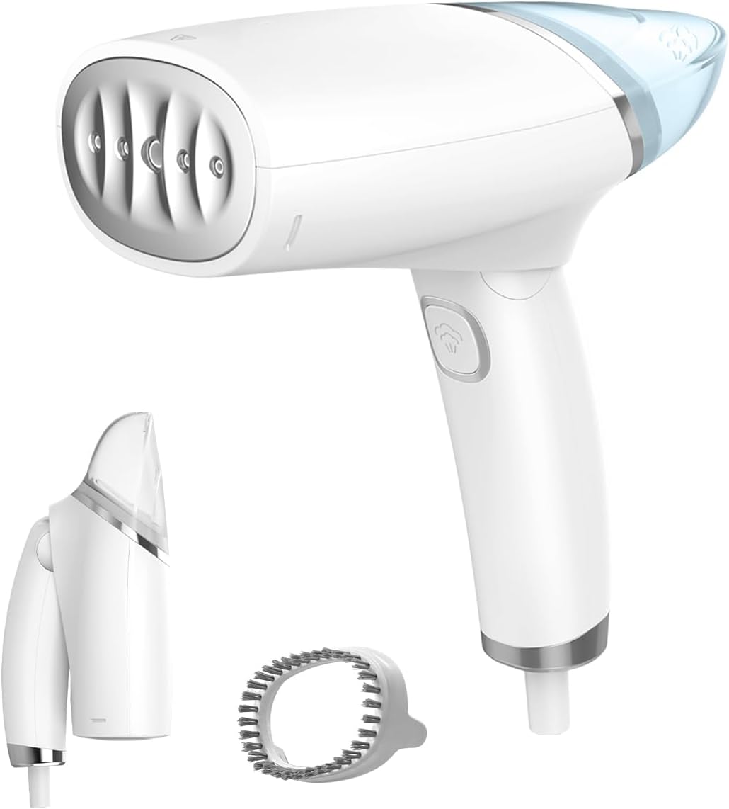 Annmiir Clothes Steamer, Portable Handheld Mini Iron, Foldable Steam Iron, Removable Fabric Brush, No Ironing Board Needed, Fast Heat-up, Vertical and Horizontal Steamer for Home &Travel (White)