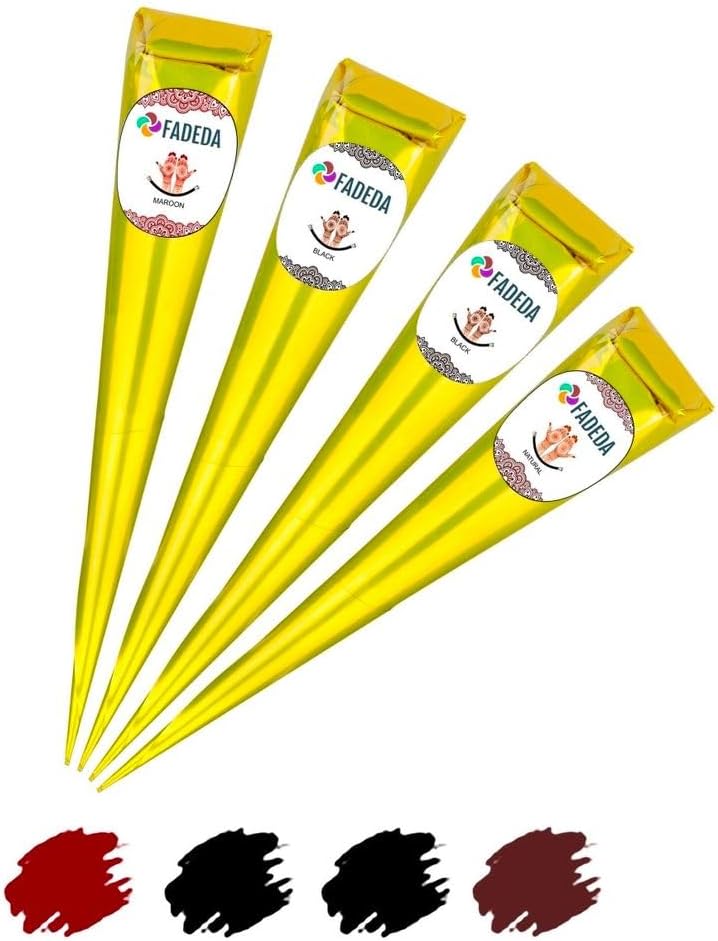 4 x FADEDA Henna Cones, 4 x 25 g Natural Paste, 2 x Black, 1 x Natural Brown, 1 x Chestnut Brown, 100% Plant-Based, Ready to Use and without PPD