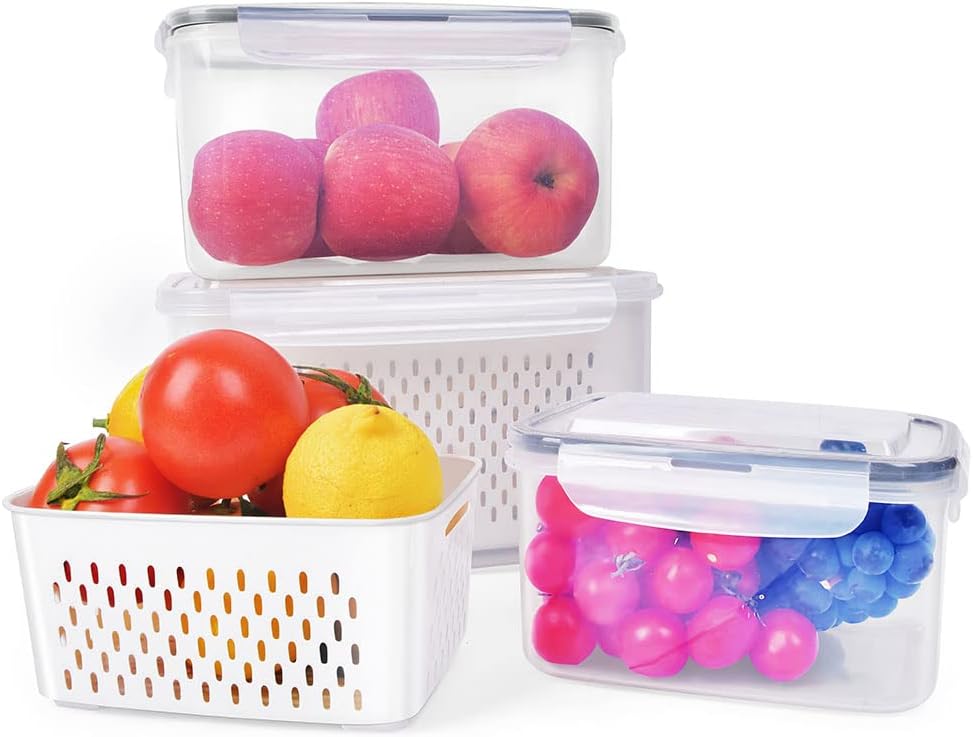 3 Pack Produce Saver Containers for Fridge with Lids - Fruit and Vegetable Storage Containers for Refrigerator, BPA-Free, Airtight, Dishwasher Safe, Keep Fresh Longer