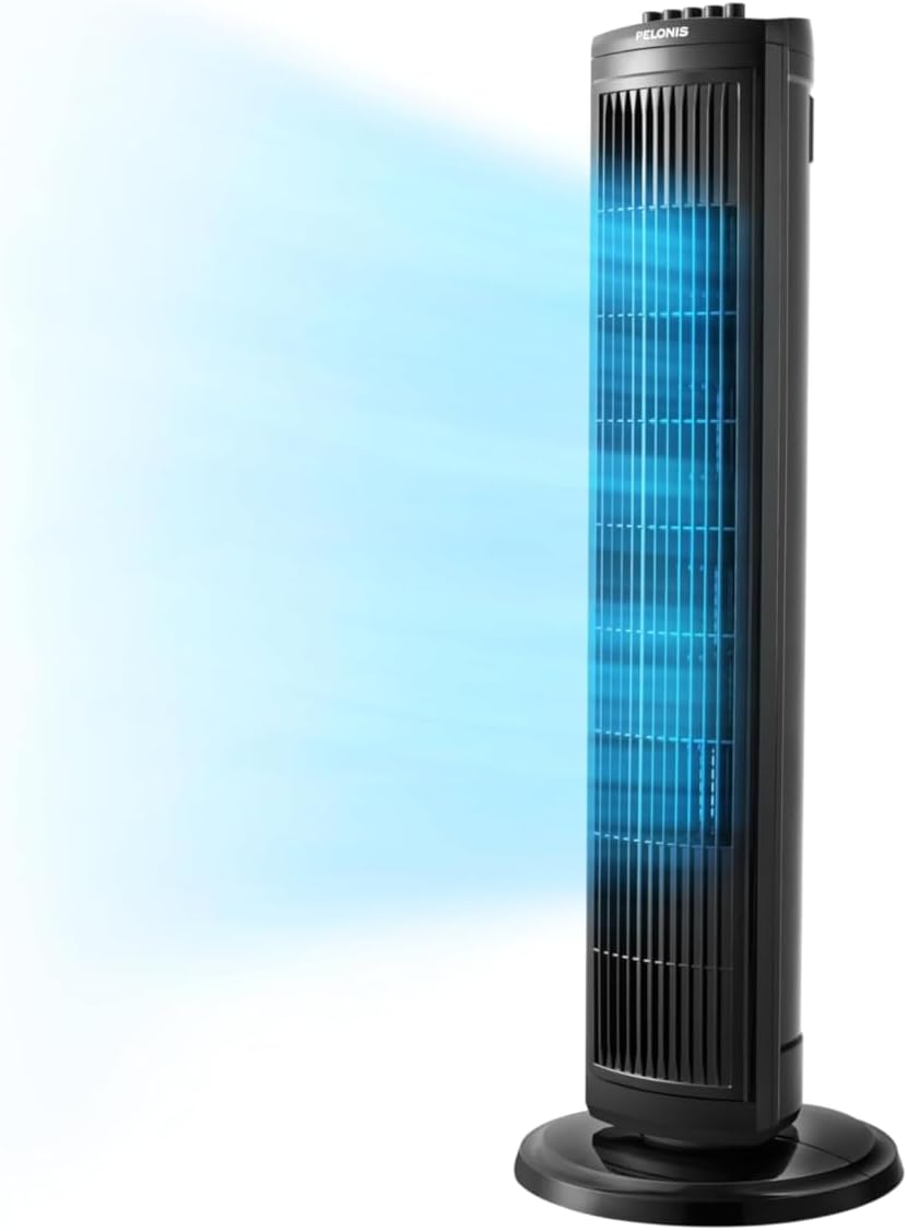 PELONIS 30 inch Tower Fan for Bedroom, Standing Fan with 3 Speeds, 90ยฐ Oscillation, Small Fan with 120-Min Auto Timer, Black