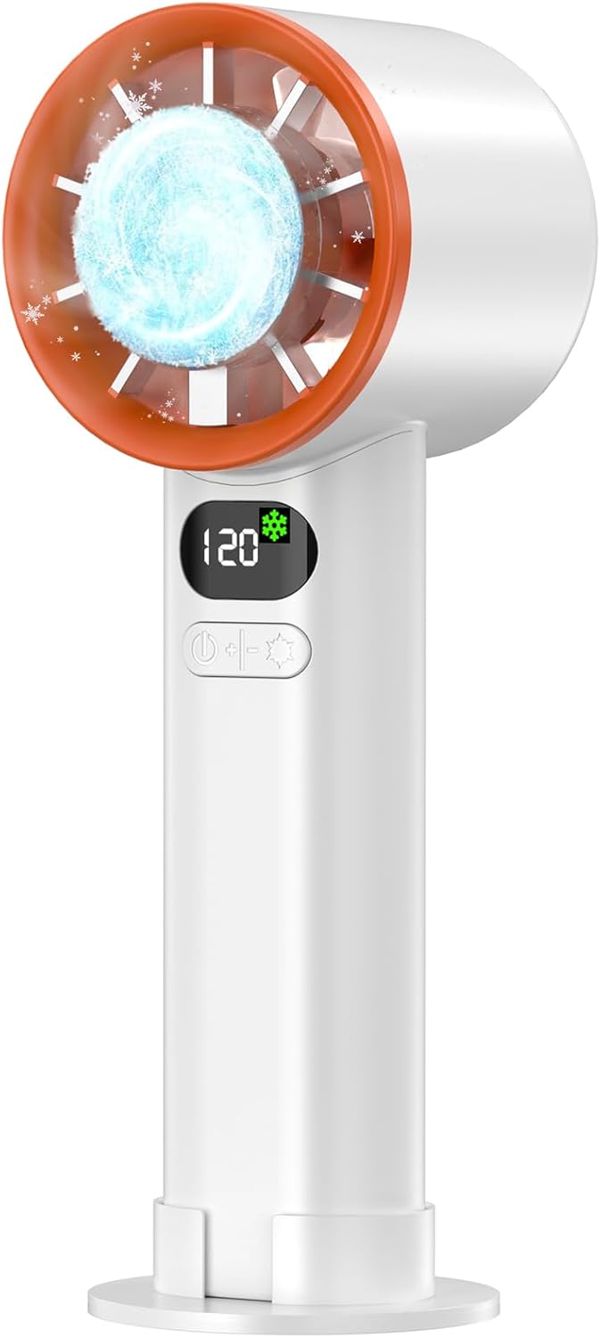 Portable handheld Fan with Ice Cooling,Fast Cool to 30°F,120 Speed Adjustable with 15000RPM,USB Rechargeable,Handheld Fan with LED Display Gifts for Travel, Sport,Working, Outdoor