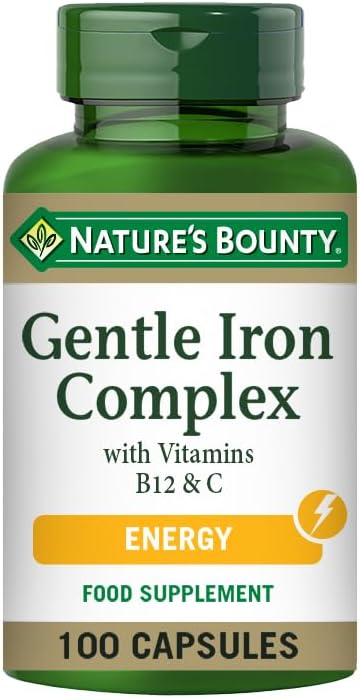 Nature's Bounty Gentle Iron Complex with Vitamins B12 and C - Pack of 100 Capsules, One-a-Day - Supports Energy Levels and Reduces Fatigue - Gentle on Digestive System