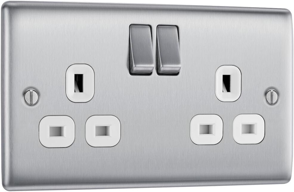 BG Electrical Double Switched Power Plug Wall Socket, Nexus Metal, Brushed Steel, White Inserts, 13A, NBS22W