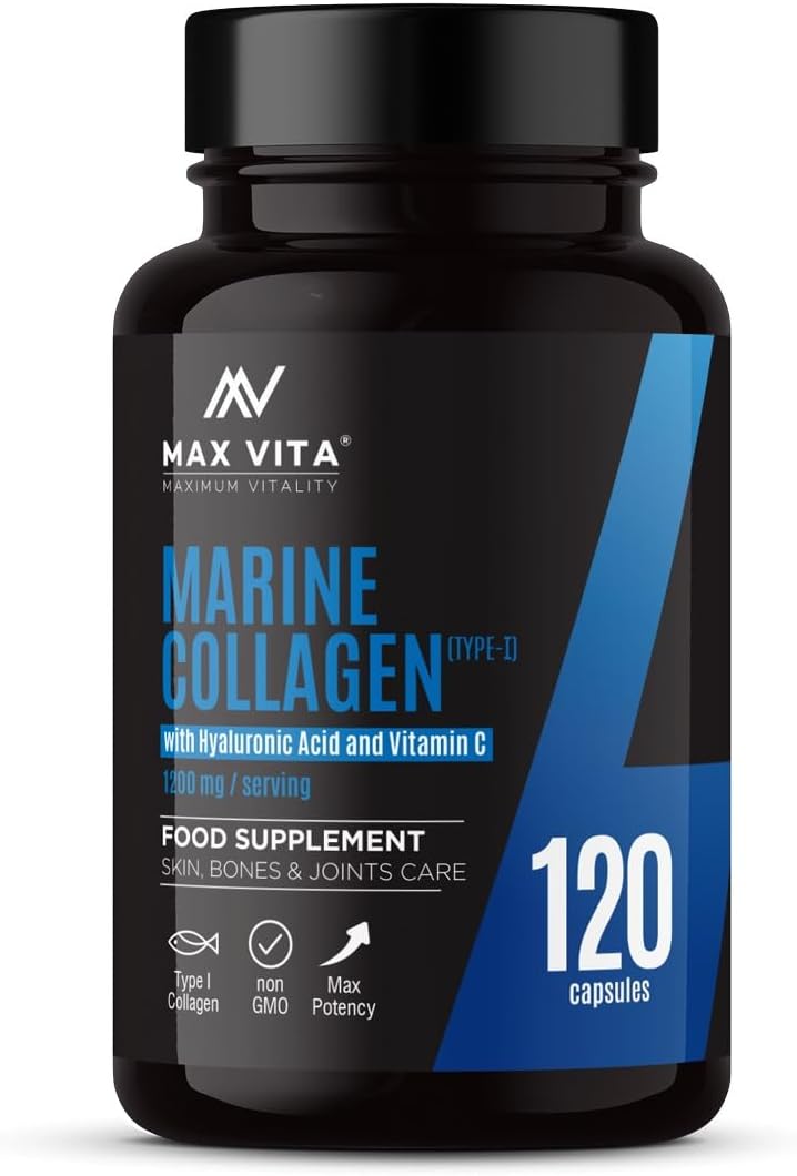 Marine Collagen Type 1 1200mg - 120 Capsules Supplement with Hyaluronic Acid and Vitamin C - High Strength Premium Hydrolysed Collagen Peptides Powder for Healthy Skin Bones & Joints Support