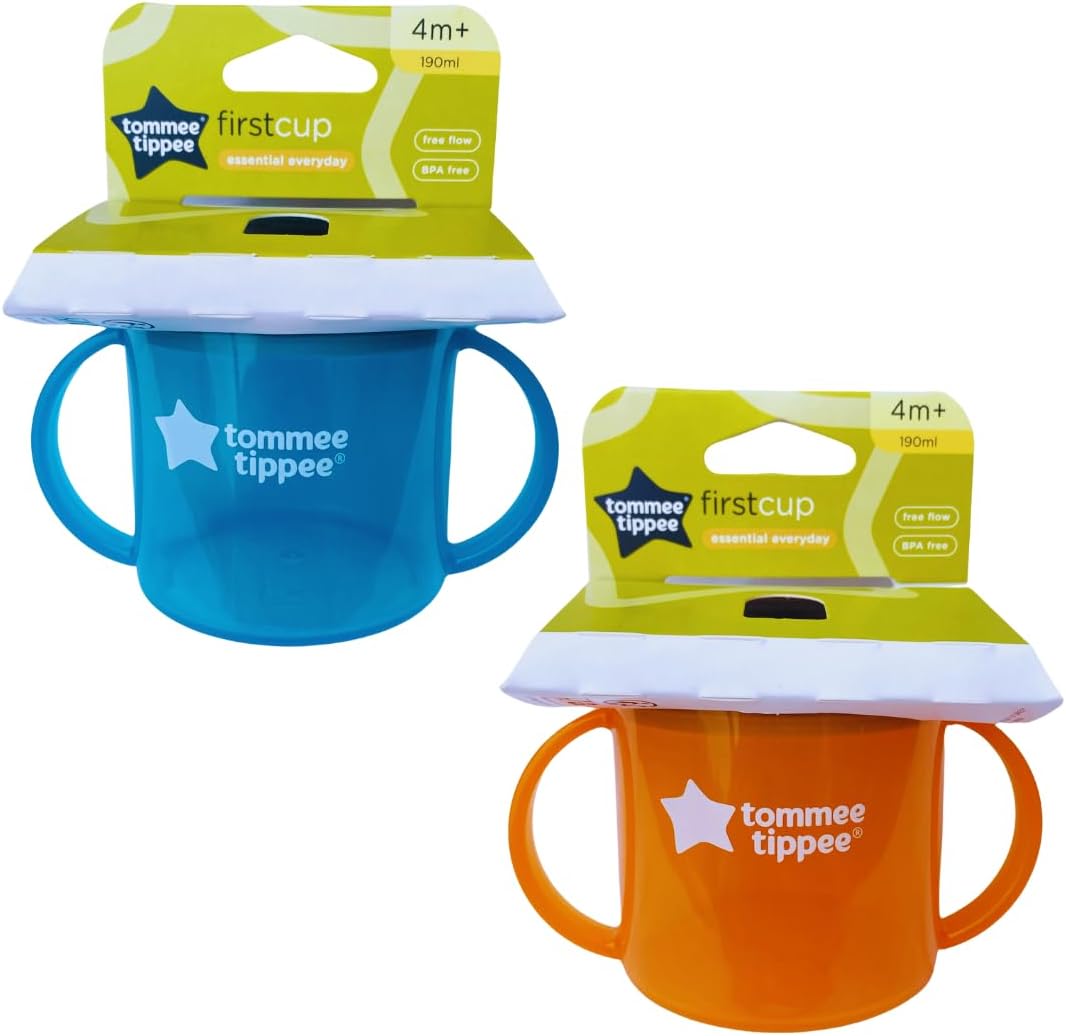 Tommee Tippee Free Flow First Cup Sippy Cup with Fold-Down, Leak-Proof Spout, 4m+, Red and Turquoise, 2 Pack