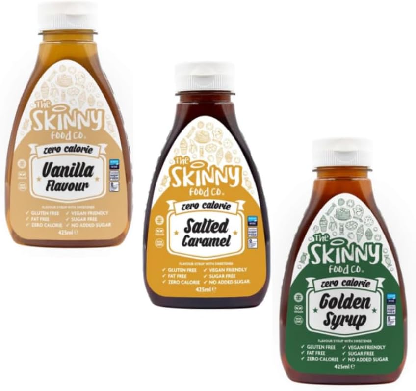Skinny Sugar Free Golden Syrup, Salted Caramel, Vanilla Syrup 3 Pack Plus Free Recipe QR Code | Skinny Syrup | Zero Calorie Syrup | Sugar Free Syrups | Low Calorie Syrup | Zero Calorie Sauce