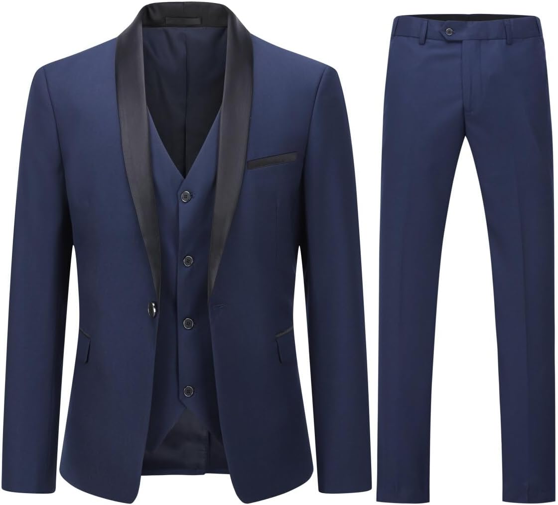 YOUTHUP Mens Suits Slim Fit 3 Piece Suit Shawl Lapel Wedding Dinner Tuxedo 1 Button Blazer Pants Vest