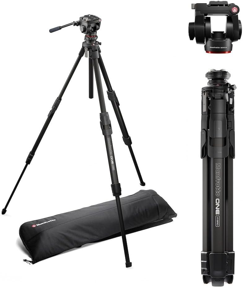 Manfrotto 500X Fluid Video Head with ONE Hybrid Aluminum Tripod – Photo & Video Kit, Supports up to 11 lbs, Leveling Column, 90° Horizontal Column, Quick Release System, for DSLR & Mirrorless Cameras | Supports up to 11 lbs, 90° Horizontal Column, ONE Hybrid Aluminum Tripod - Photo, Mirrorless Cameras, Quick Release System