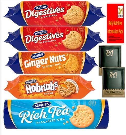 Mixed Assortment of McVitie's Classic Variety Biscuits & Zamfoods Tea, Nutrition Info Pack, Digestives Rich Tea Ginger Nuts Hobnobs Cookies, Perfect for Sharing with fmaily & Gifting on Christmas