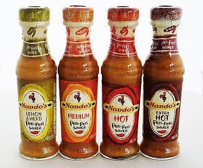 Nandos Peri Peri 125ml Sauces - Lemon & Herb, Medium, Hot + Extra Extra Hot Sauce.