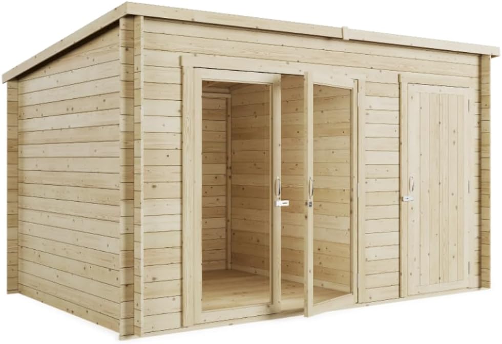 BillyOh Tianna 14x8 ft Log Cabin Summer House with Side Shed Store – Garden Room with Wide Double Doors, Storage Shed, Tongue and Groove Construction | Versatile Tiny Home for Garden Office or Storage