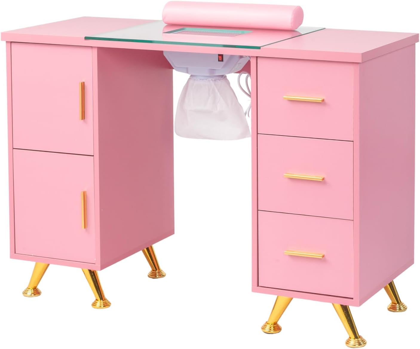 OmySalon Manicure Table Nail Desk for Nail Tech w/Glass Top & Wrist Rest, Beauty Salon Nail Supplies Decor Workstation Acetone Resistant w/2 Side Cabinet+3 Drawers, Pink