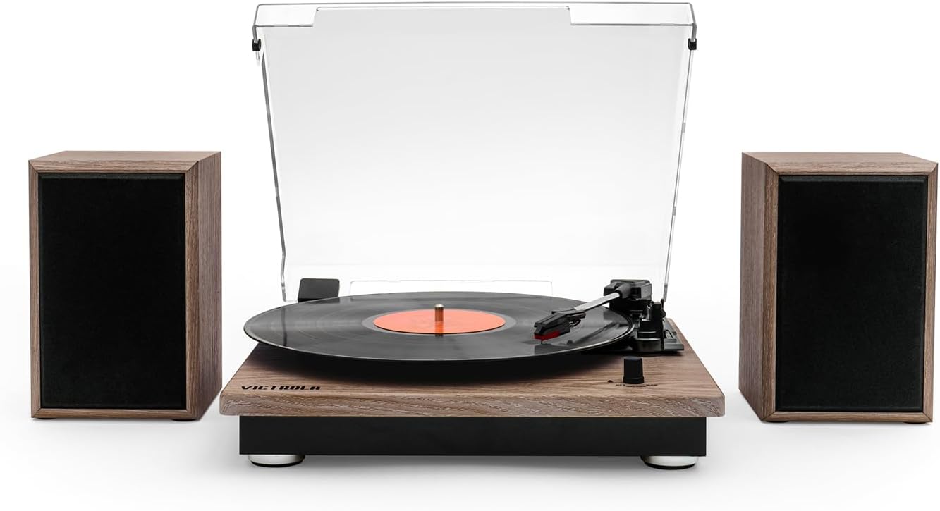 Victrola Montauk Vinyl Record Player, Farmhouse Walnut Finish, 3-Speed Belt Driven Turntable with Stereo Bluetooth Speaker Pair, RCA Output and 3.5mm Headphone Jack, Removable Dust Cover, Oak
