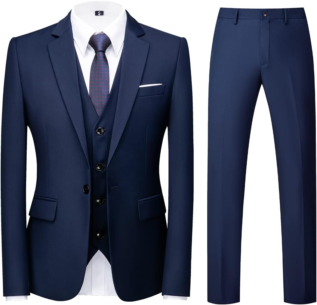 Men Suits 3 Piece Slim Fit Single Breasted One Button Tuxedo Suit Blazer Waistcoat Trousers Set