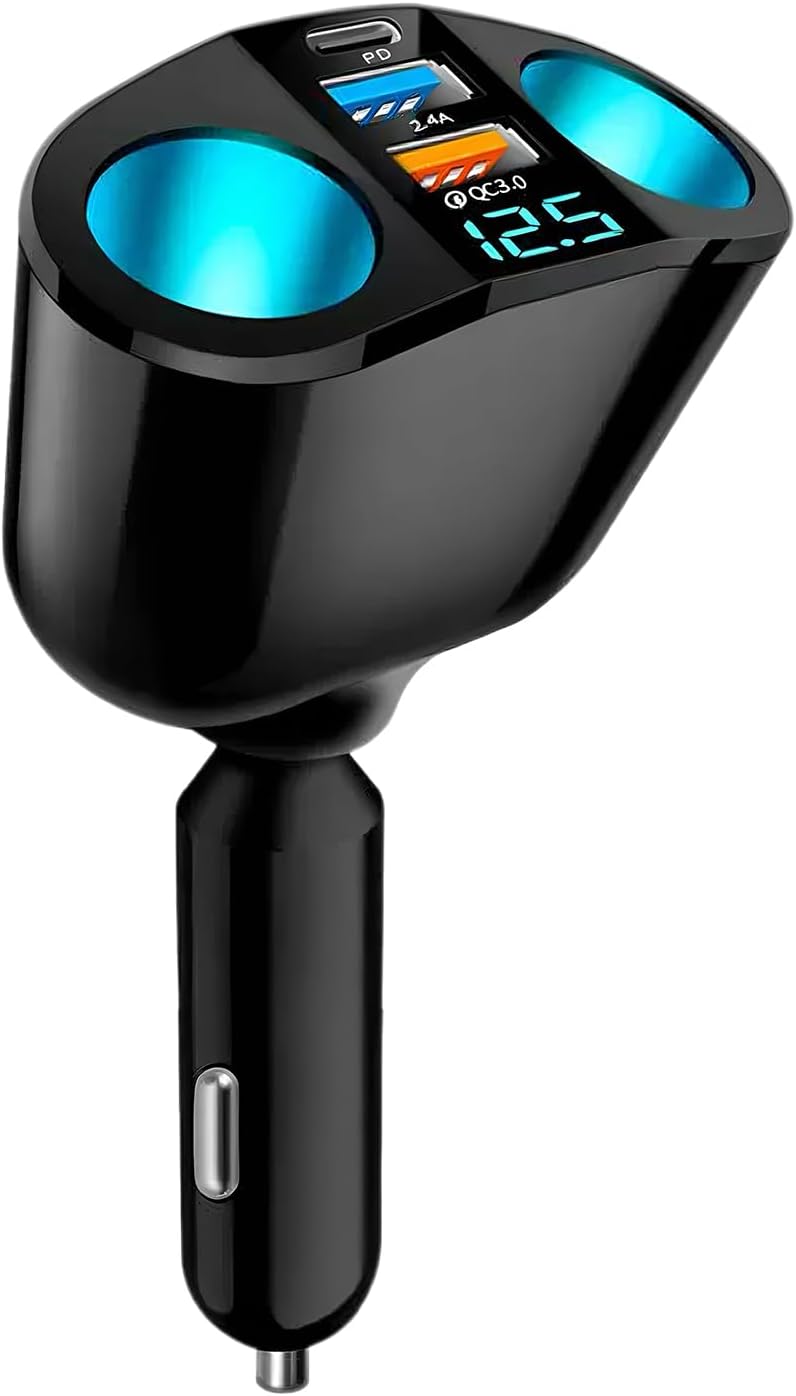 12v-24v Car Cigarette Lighter Splitter, Dual Usb Car Charger, 360 Degree Car Cigarette Lighter Multi Socket, Fast Charging, for Vehicle Devices Smart Phones GPS (Black, M)