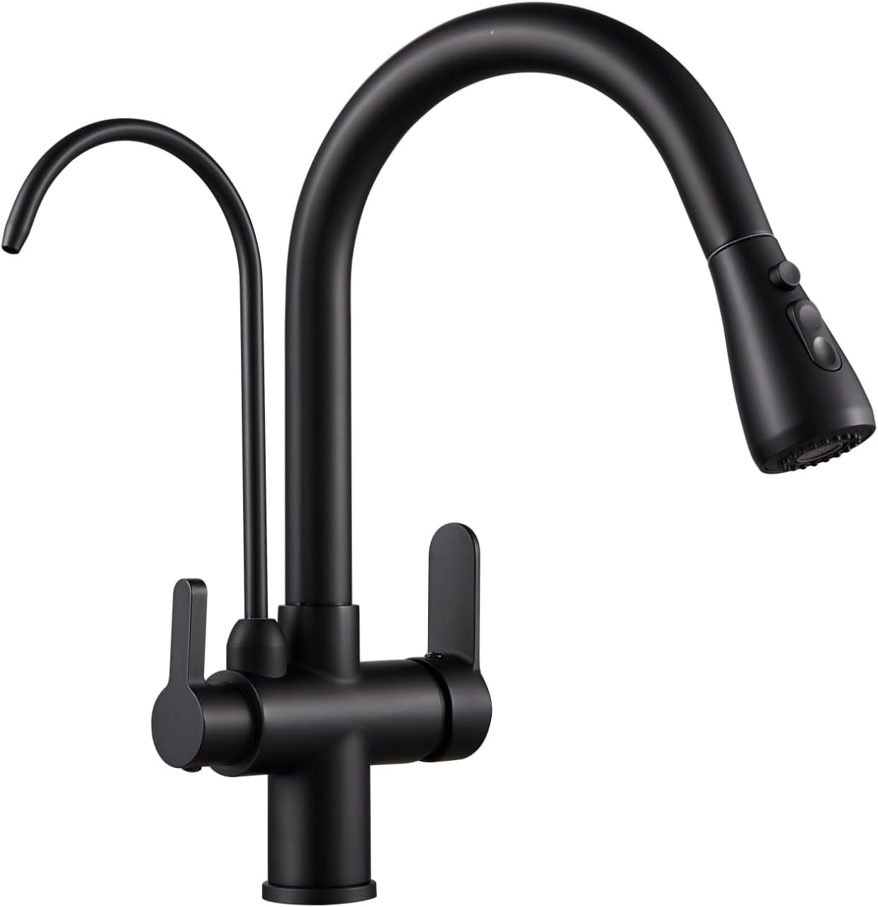 OUGOO 3 Way Kitchen Tap with Pull Out Spray, 3 in 1 Kitchen Mixer Tap with Drinking Water Filter Outlet, 360° Swivel Dual Lever Sink Taps, 304 Stainless Steel [Matte Black]