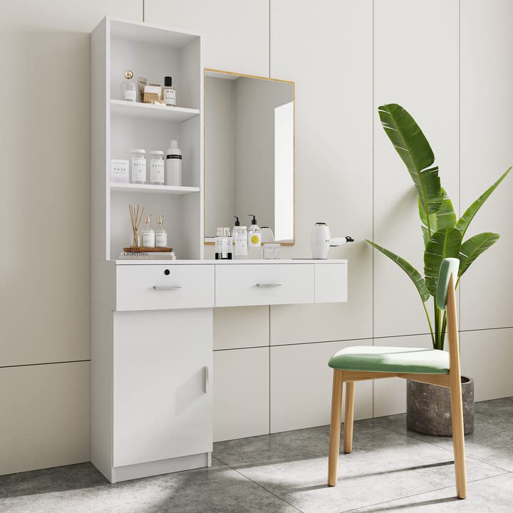 Henf Barber Salon Stations for Hair Stylist Wall Mount Barber Stations Wooden Beauty Salon Spa Equipment Makeup Vanity Dressing Table with Lockable Drawer Appliance Holders and Storage Cabinet (White)