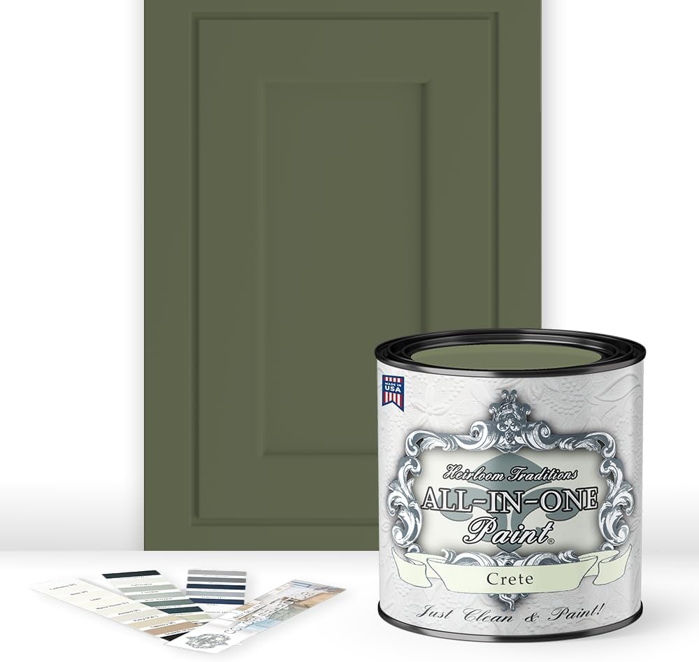 Heirloom Traditions ALL-IN-ONE Paint, Crete (olive green), Quart - Durable cabinet and furniture paint. Built in primer and top coat, no sanding needed. Includes our 30 featured color card.
