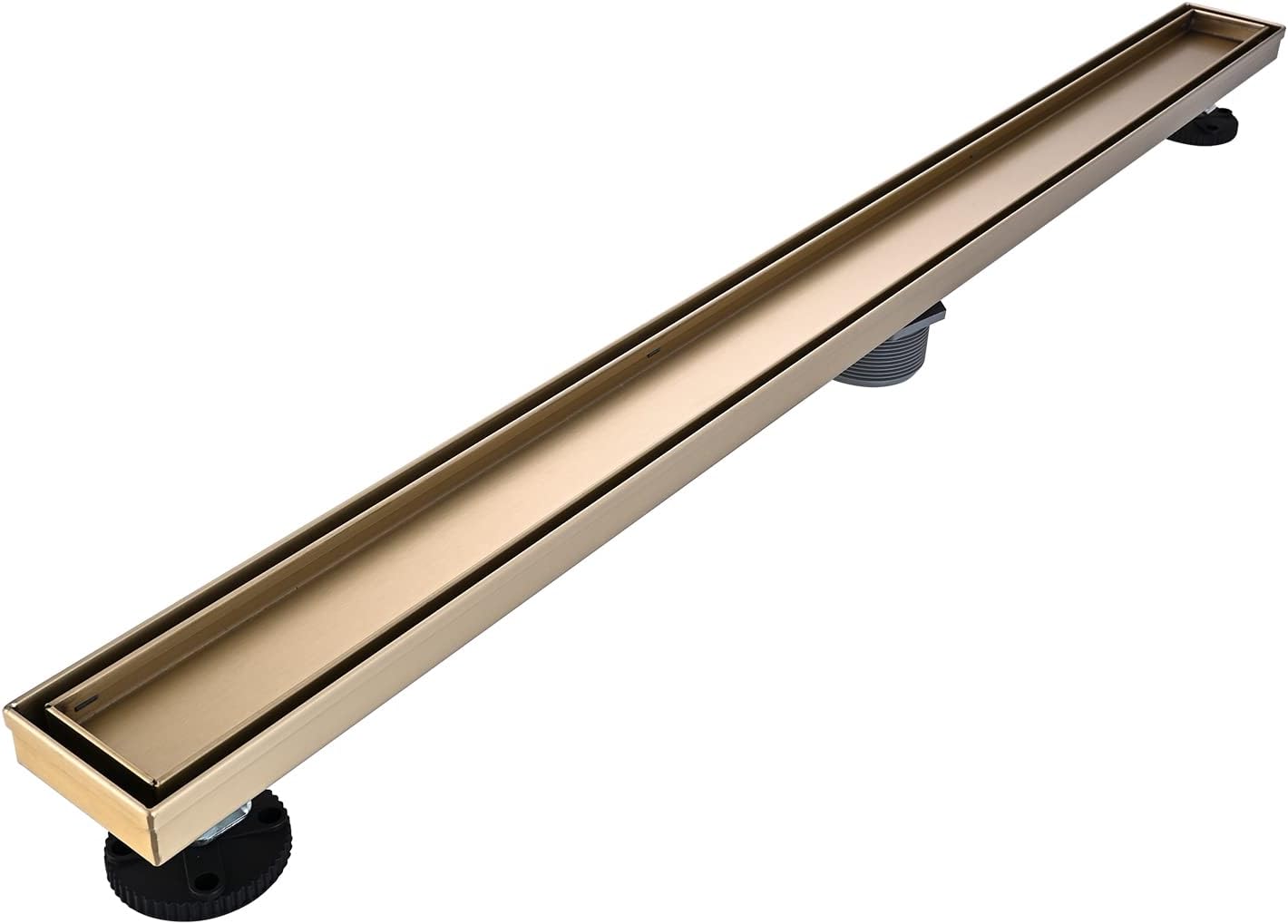 Linear Shower Floor Drain, Brushed Gold 36 Inch 304 Stainless Steel Bathroom Drains Kit, Rectangular Shower Trench Drain with Reversable Tile-in Pattern Drain Cover & Hair Catcher