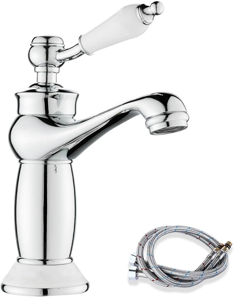 Retro Bathroom Sink Tap, Victorian Bathroom Basin Mixer Tap, Brass, Chrome | Luxury Vintage Faucet for Cloakroom, Ceramic Handle & Base, Flexible Tails