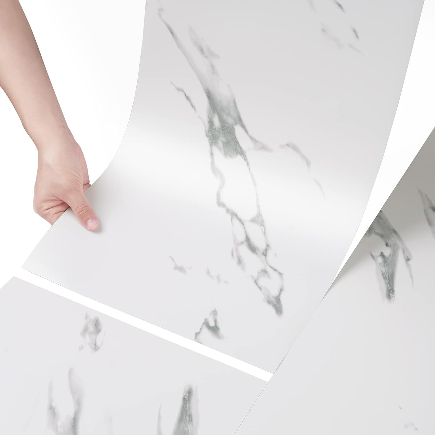 Stickyart 15-Piece White Marble Peel and Stick Floor Tile for Bathroom Floor Tile Peel and Stick on Wall Vinyl Flooring Roll Waterproof 12"x24" Self Adhesive Vinyl Flooring Tiles for Kitchen Bedroom
