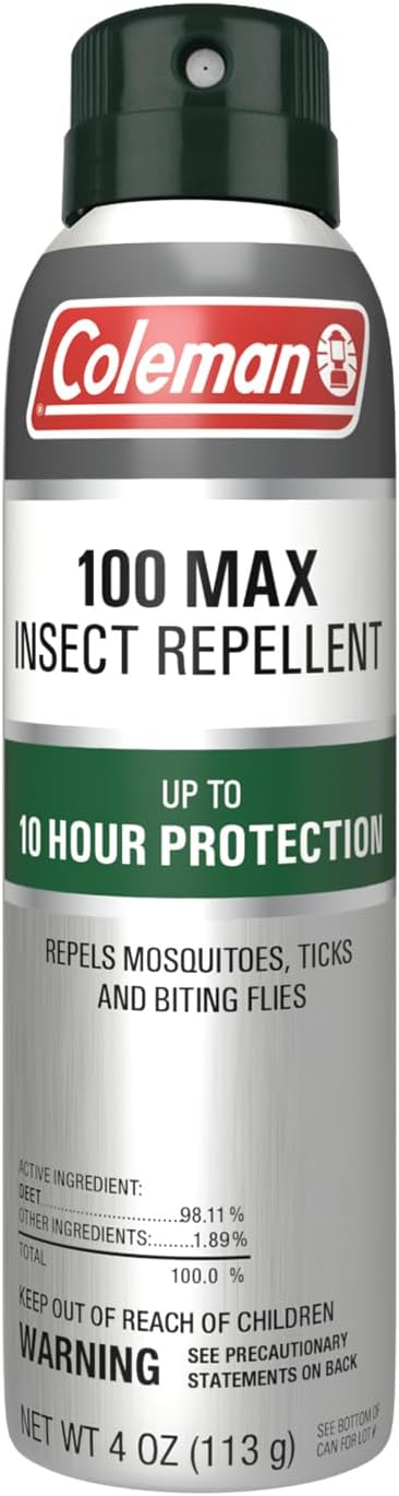 Coleman Insect Repellent Spray, 100% MAX DEET, Protection Against Ticks, Mosquitoes, Chiggers, Gnats, Fleas, Ideal for Camping, Hiking, and Outdoor Activities, 4oz Continuous Spray