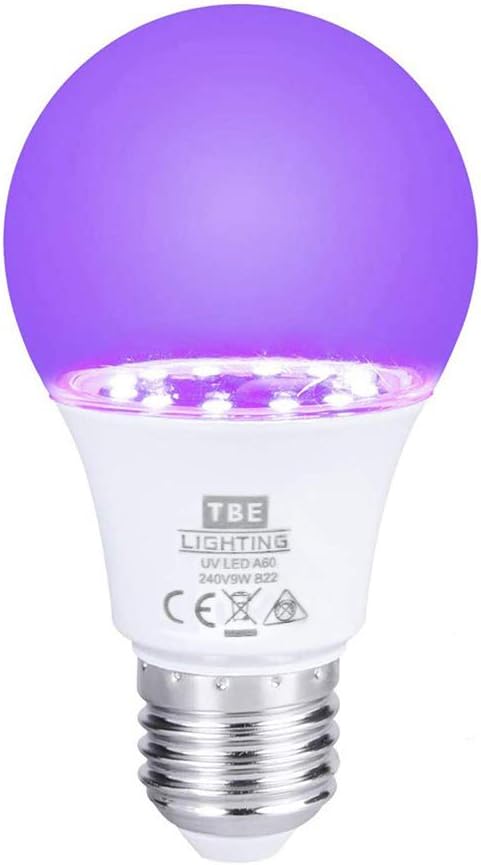 TBE LIGHTING UV LED Bulb - 9w Ultra Violet Black Light Bulbs - E27 Standard Screw Fitting - 395-400nm wavelength, Energy Saving Long Life LED A60 Bulb - 20,000Hrs Life Expectancy