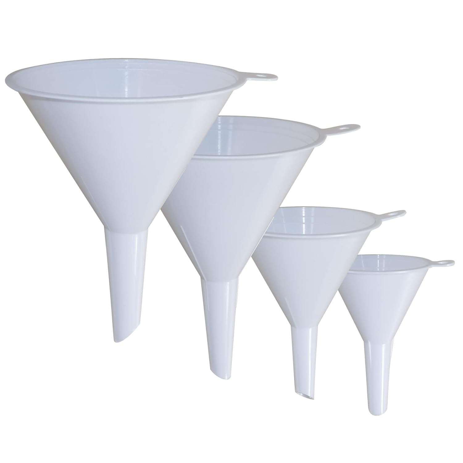 KongNai 4 Pieces Plastic Funnel Set for Kitchen and Automotive Use, Mini, Small, Medium and Large Funnel for Filling Bottles, Canning, Cooking, Lab or Car Oil Funnels (White)