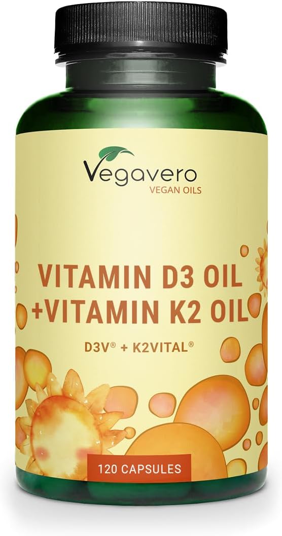 Vegavero Vitamins D3 K2 Oil | Vegan & NO Additives | Cholecalciferol & All-Trans MK-7 | 1000 IU Vitamin D + 100 µg VIT K2 | 120 Vegan Capsules