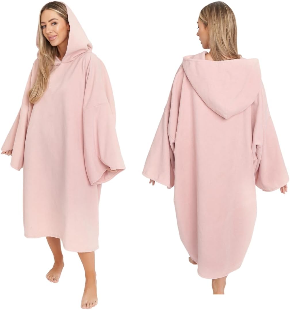 Brentfords Dry Robes Adult Womens, Towel Poncho Adult Hooded Large Swimming Surf Beach Accessories Absorbent Quick Dry Changing Robe Microfibre Towelling Bath Robes for Women, Blush Pink One Size