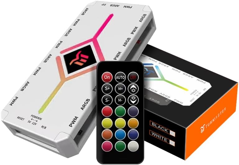 ARGB Fan HUB, 9 Port 4 Pin PC Fan Controller, 5V-3Pin LED Hub, Magnetic Suction, SATA Power Input,RF Remote & Chassis Key Control,Controller Support ARGB PWM Fans Splitter (J-09(White))