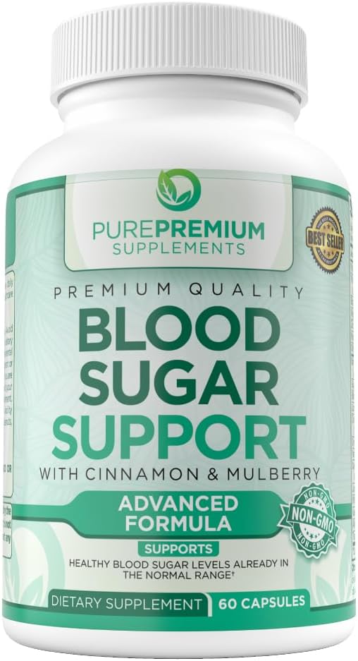 PurePremium Supplements Normal Blood Sugar Support Cinnamon Supplements to Support Blood Sugar Levels Already in The Normal Range-Capsules w/Bitter Melon, Mulberry, Zinc, Biotin, Vitamin C, E-60 Count