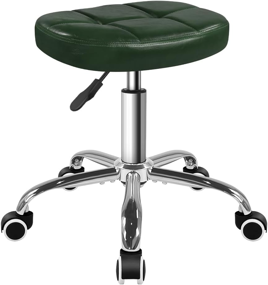 BFTOU 6-Square Lattice PU Swivel Stool with Wheel for Work SPA Shop Massage Height-Adjustable Rolling Stool Chair (Green)