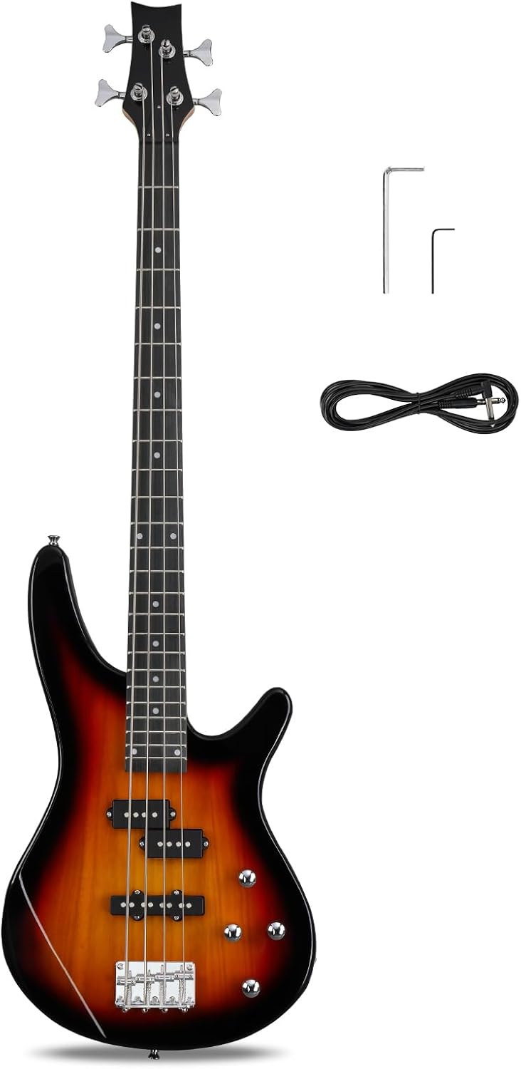 Ktaxon 4 String Electric Bass Guitar, Full Size Standard Right Handed Rosewood Fingerboard Beginner Kit with Cable Wrench Tool (Sunset)
