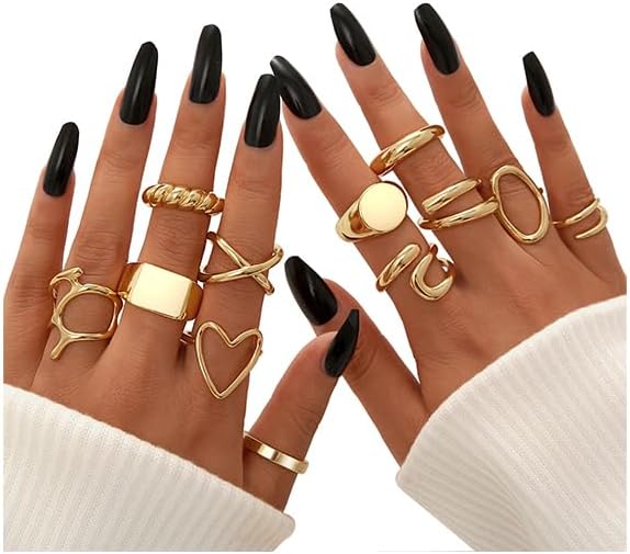 FAXHION 12PCS Gold Stackable Rings Set for Women, 18K Gold Plated Open Stacking Knuckle Ring, Adjustable Chunky Signet Band Statement Ring for Gift