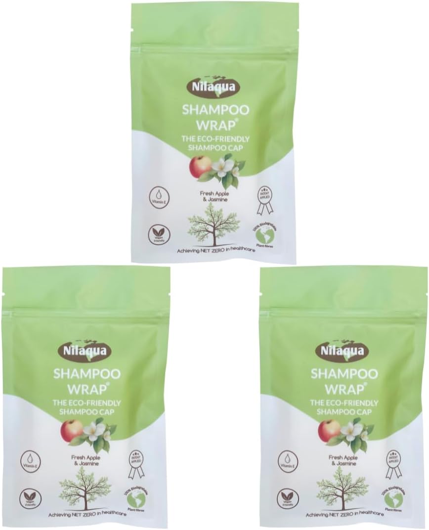 Nilaqua NO Rinse Shampoo Wrap_the World's First Biodegradable Shampoo Cap - 100% Biodegradable Bamboo | Waterless Hair Wash for Elderly | Pleasant Fragrance - Fresh Apple & Jasmine 3pack