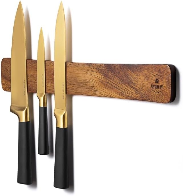 4 YORVOY Magnetic Knife Holder for Wall-16 inches long Kitchen Organizer- No Drilling Knife Magnetic Strip- Compact Utensil Holder- Acacia Wood Knife Rack- Strong Knife Magnet- Easy Installation