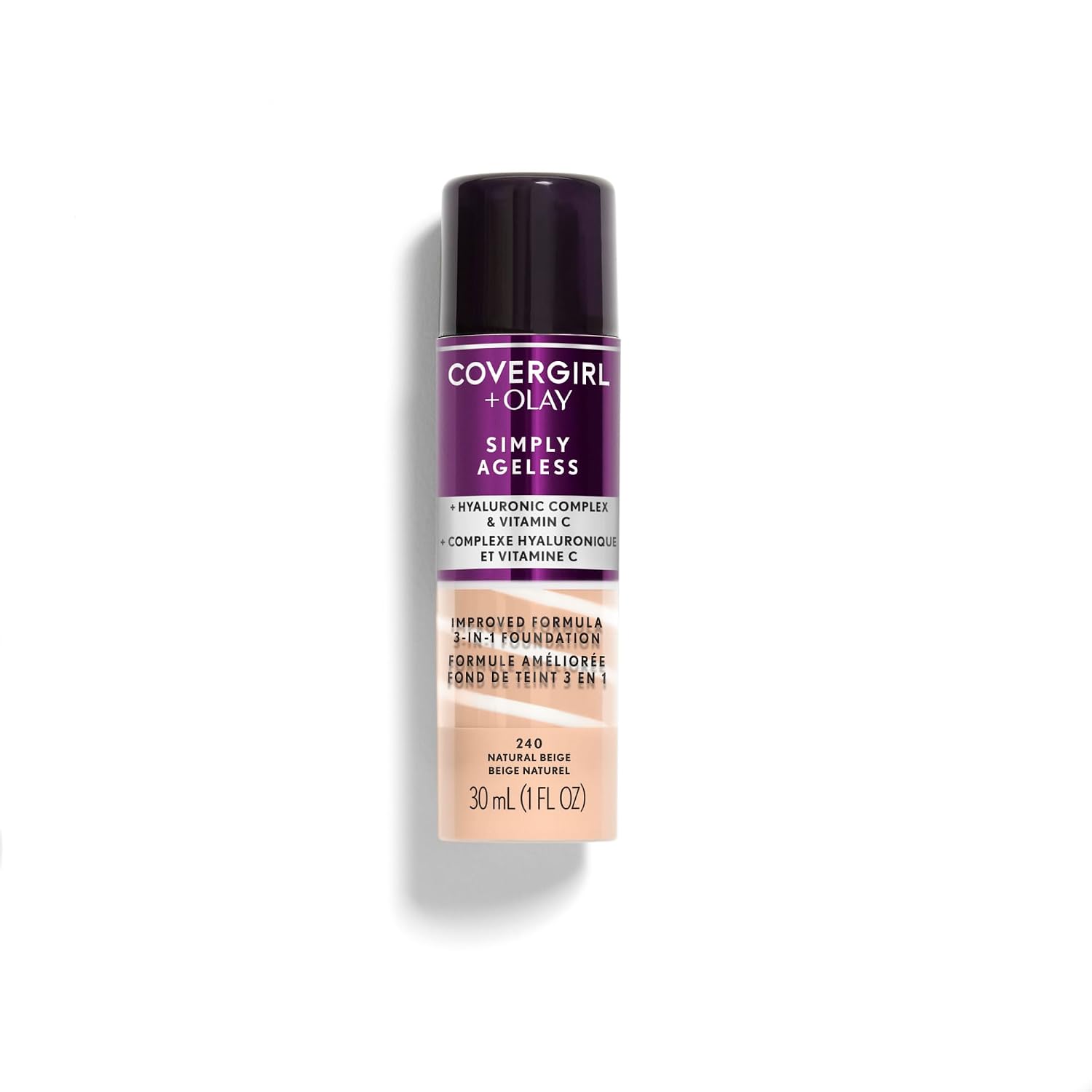 CoverGirl & Olay Simply Ageless 3-in-1 Liquid Foundation, Matte Finish, Hyaluronic & Vitamin C Formula, Cruelty Free, Natural Beige, 1 Count